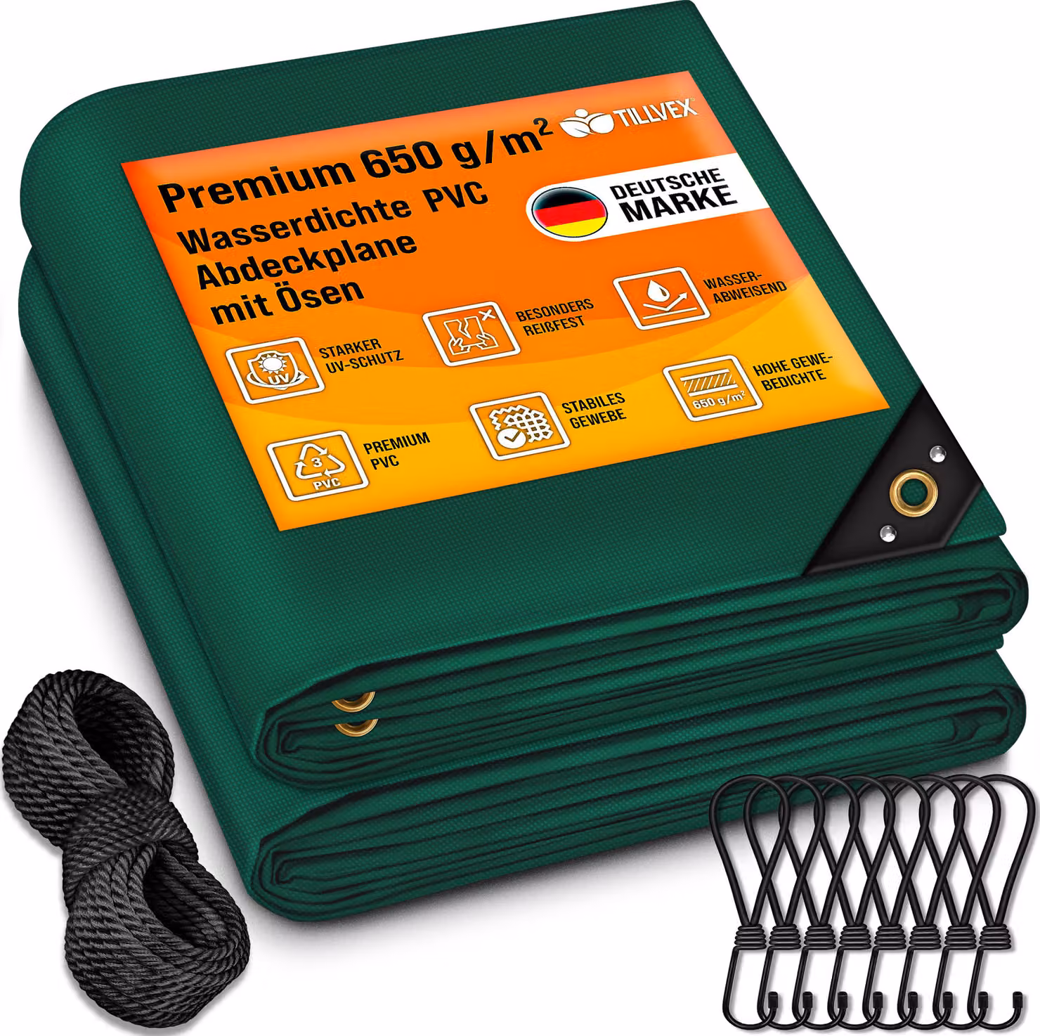 tillvex® telone verde 3x6 m con occhielli + 10 ganci e 15 m di corda | telone in tessuto 650g/m² impermeabile e resistente agli strappi | telone in PVC premium universale per camion, piscina, mobili da giardino in legno | telone per giardino