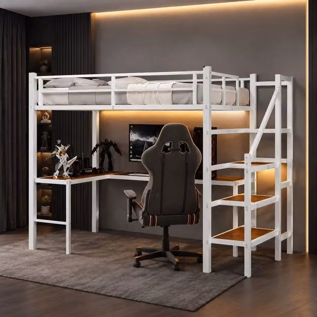 Letto a soppalco in ferro bianco con scrivania a L, scaffali e scala contenitore