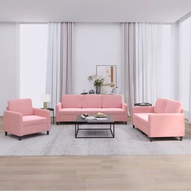Set di divani vidaXL in velluto rosa composto da un divano a 3 posti e un divano a 2 posti con cuscini coordinati per il tuo soggiorno moderno