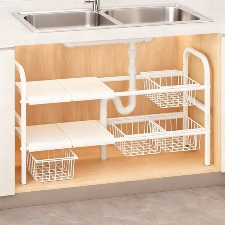 Organizzatore per lavello con 4 cesti e pannelli removibili, sistema di stoccaggio espandibile per la cucina, 2 livelli, ideale per l'organizzazione della cucina e
