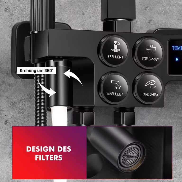 Sistemi doccia a parete con soffione a pioggia, doccetta manuale e termostato digitale, colore nero opaco, design moderno