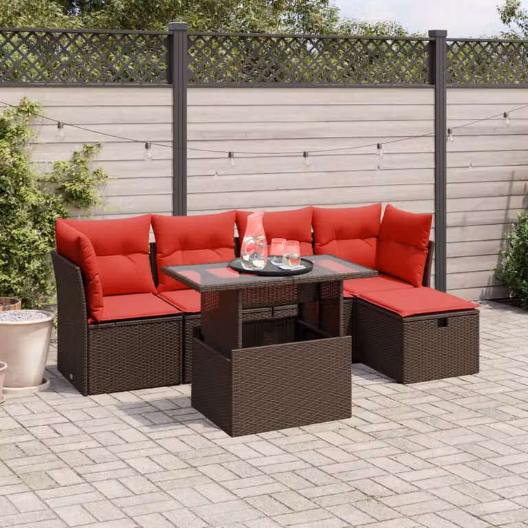 Set da giardino vidaXL in polyrattan marrone composto da 6 pezzi con cuscini, tavolino e pouf per esterno