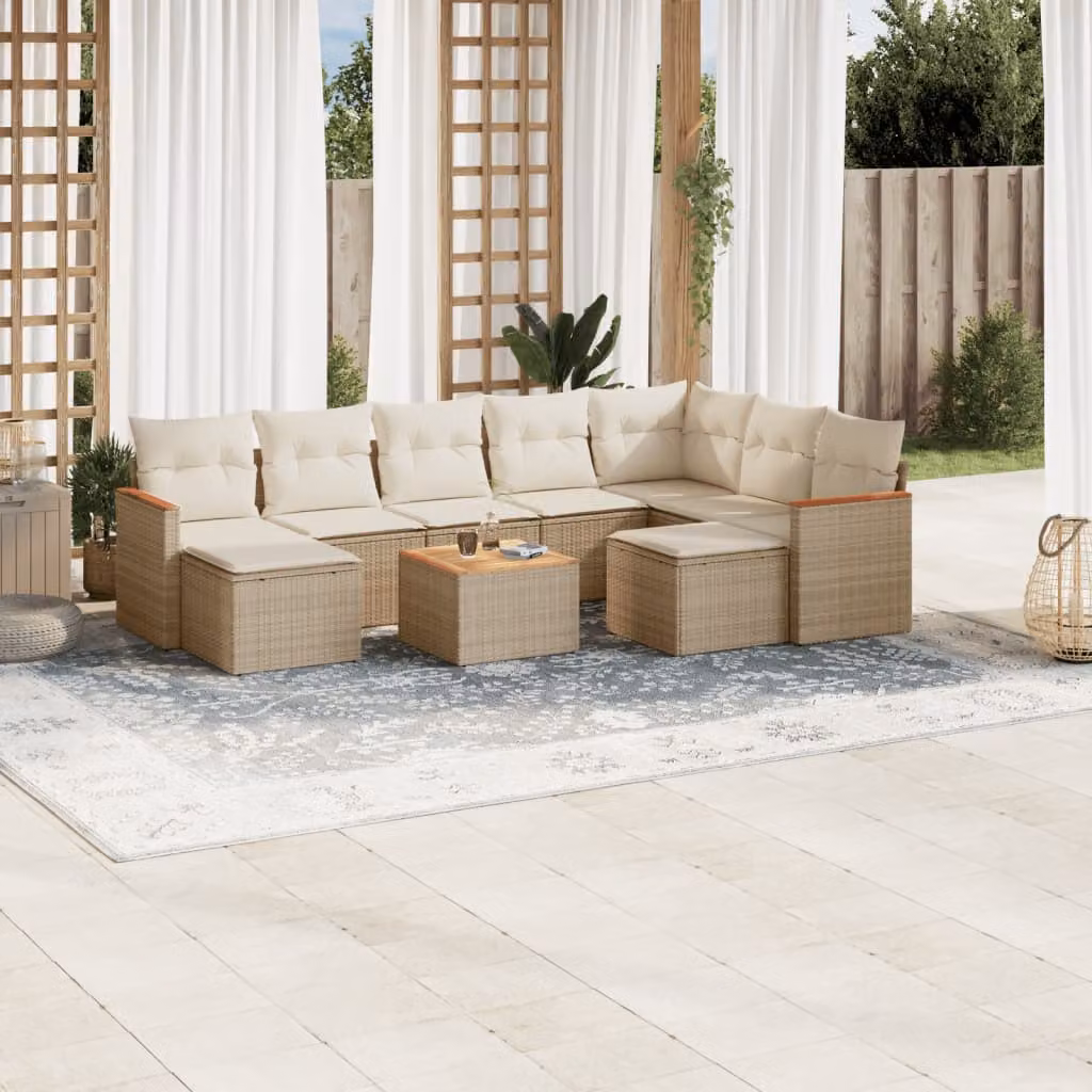 vidaXL Set Divano da Giardino 10 pz in Polyrattan con Cuscini Beige e Struttura in Acciaio e Legno di Acacia