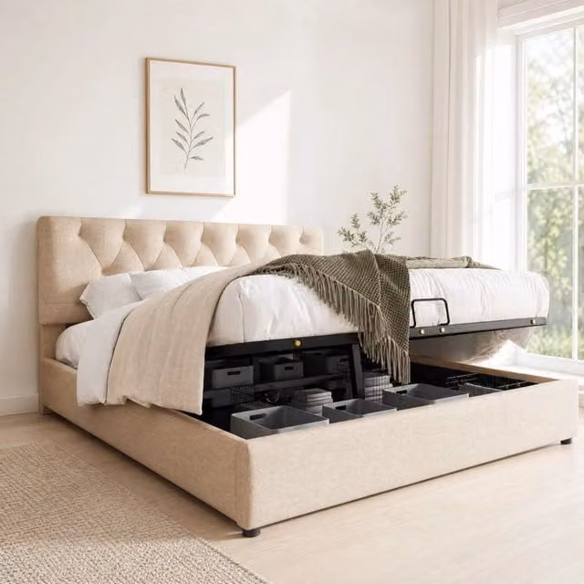 Letto matrimoniale idraulico 160x200 cm con testiera regolabile, struttura in metallo e legno, contenitore integrato, colore naturale, con materasso a molle