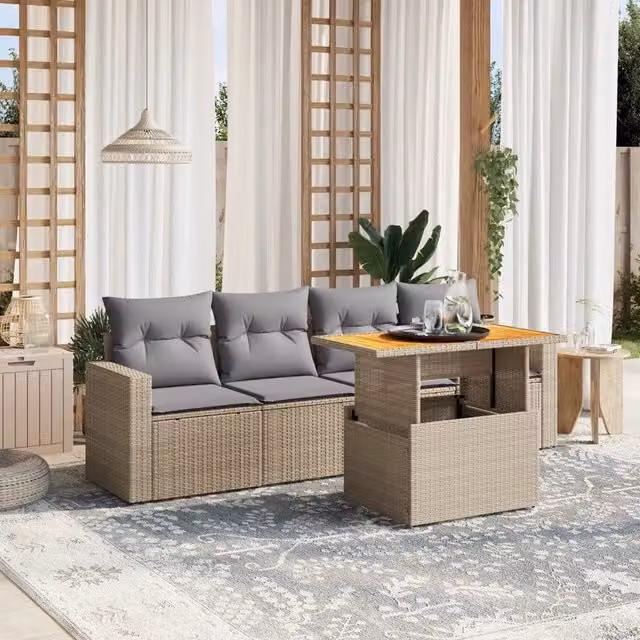 Set Divano da Giardino 5 pz con Cuscini-Sofa da Giardino-Divanetto da esterno Beige in Polyrattan 192257