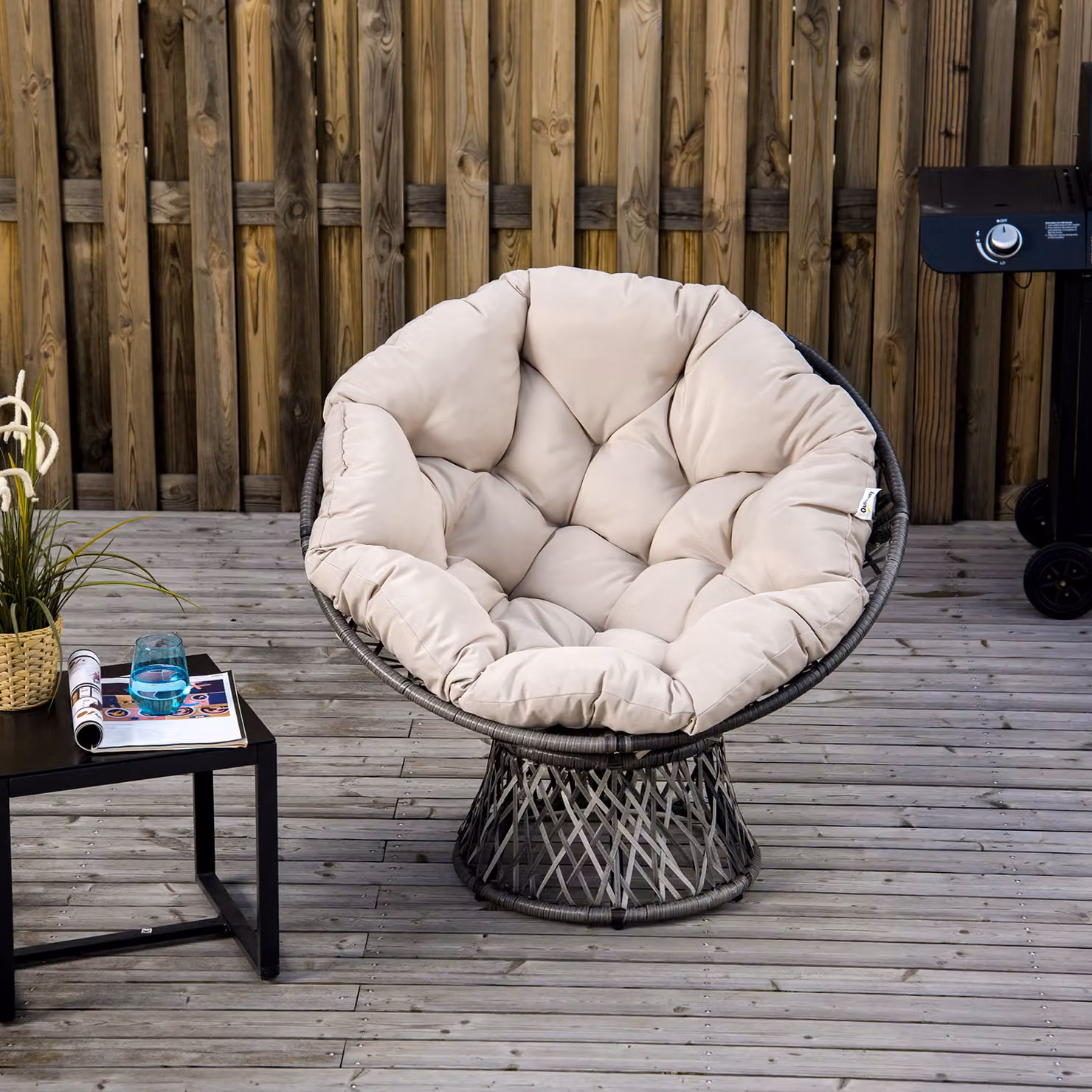 Poltrona Papasan Girevole Outsunny in Rattan e Poliestere con Cuscino, stile Boho, color Beige, Ø 97 x H 90 cm – 2