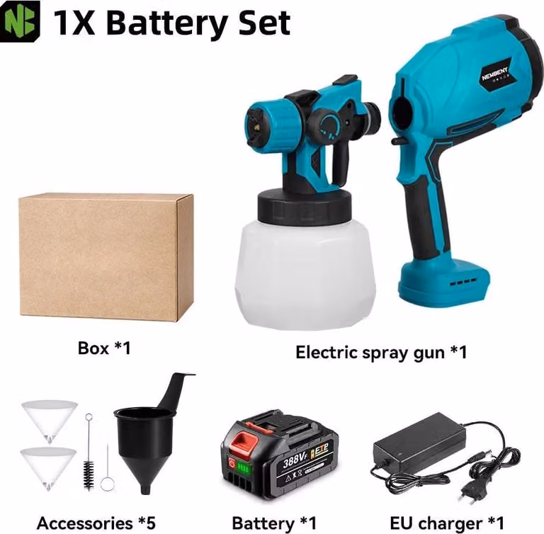 Spruzzatore di vernice - Pistola a spruzzo elettrica a batteria - Serbatoio da 1200 ml - Ugello da 1,8 mm - Velocità di rotazione 55.000 giri/min - Con 1 batteria - Spina UE - Argento