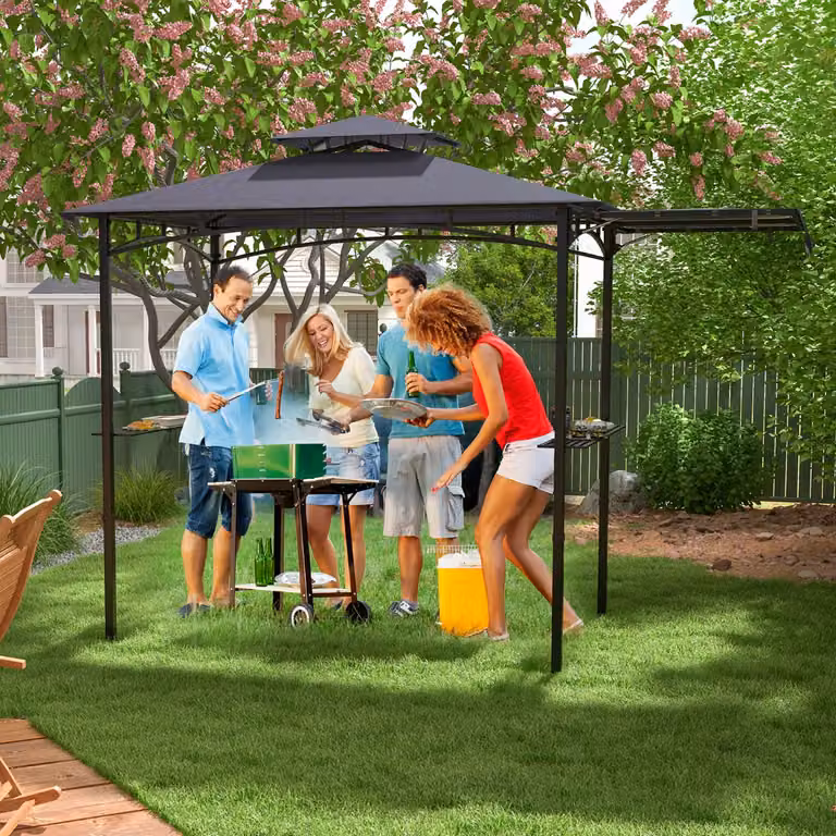 Gazebo per barbecue Costway con tetto a 2 livelli, tendalino laterale e 2 ripiani, Grigio antracite, L: 250 cm, P: 203 cm, H: 200 cm