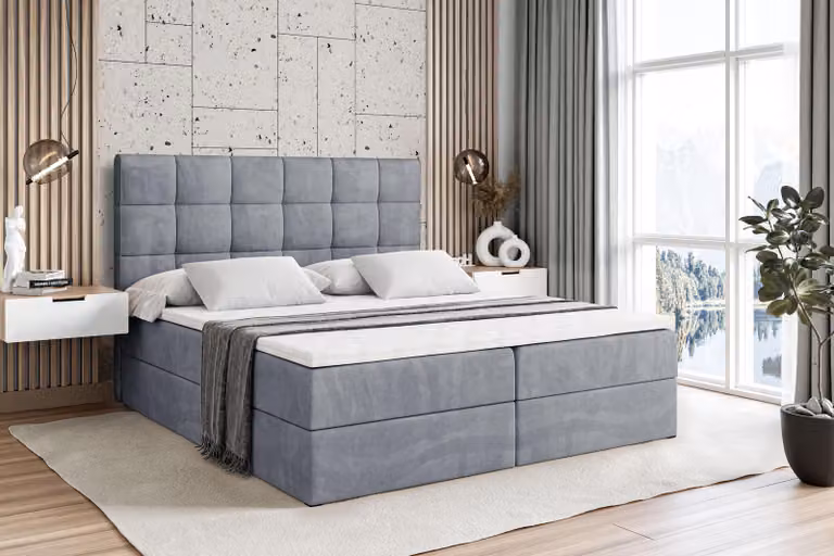 Letto boxspring ALTDECOR con materasso e rete a doghe - APO - 120x200 cm - Grigio velluto - Letto boxspring, topper, letto imbottito con contenitore, letto con spazio contenitivo H4 - Materasso, letto matrimoniale, letto boxspring