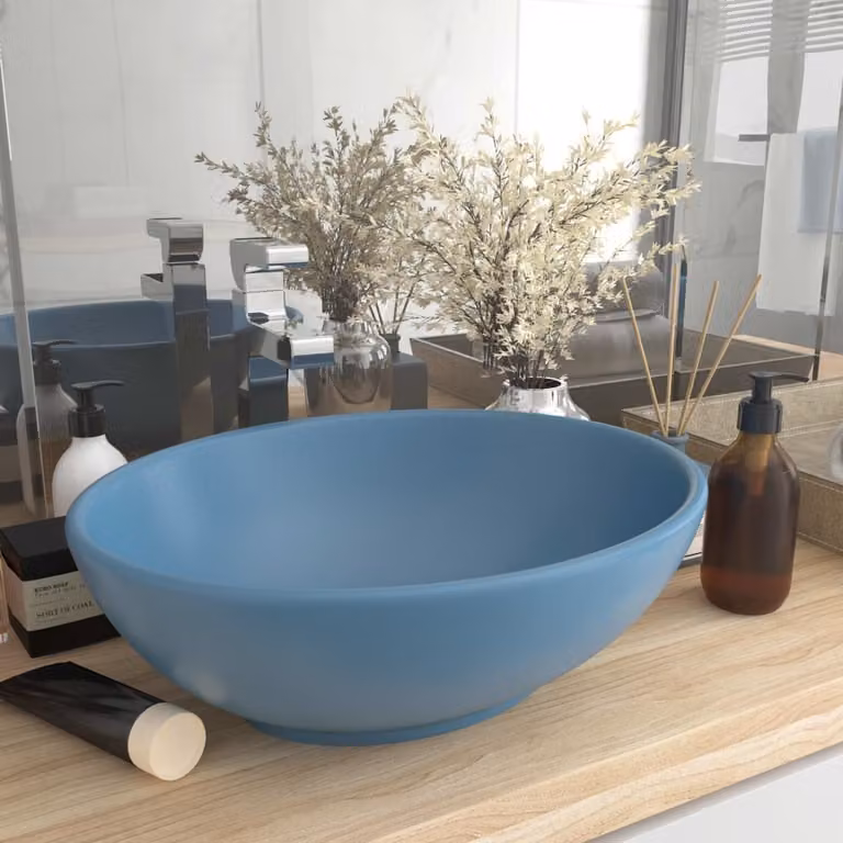 The Living Store Lussuoso lavabo ovale opaco azzurro 40x33 cm in Vetroceramica