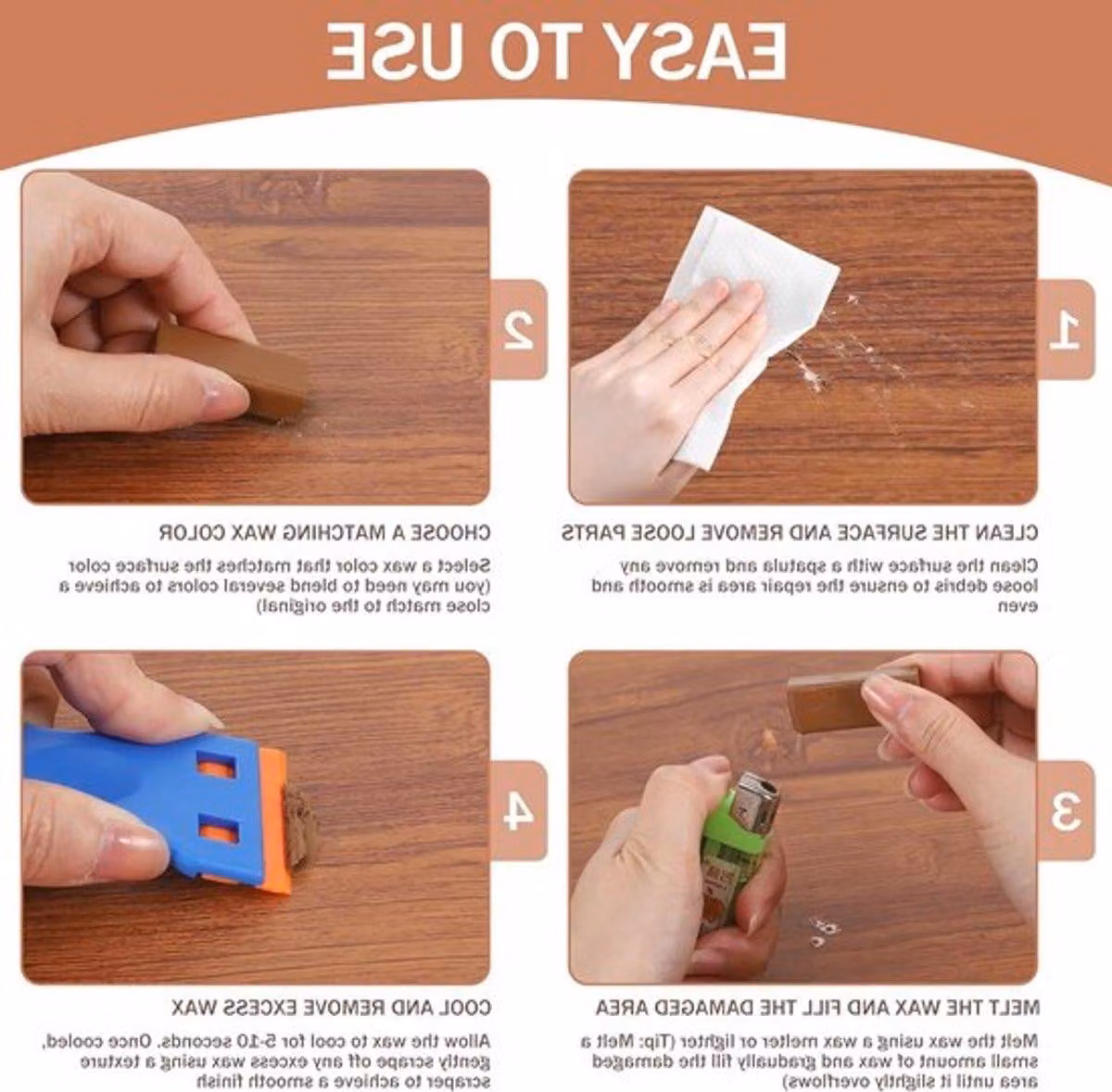 Kit di riparazione per laminato composto da 14 pezzi, con 8 colori e un raschietto, ideale per riparare graffi e buchi in pavimenti e mobili