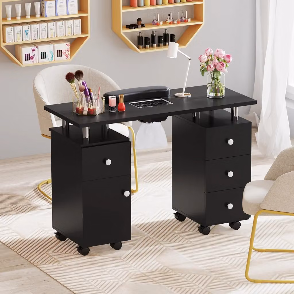 Tavolo manicure professionale con aspirapolvere integrato, supporto per polso e cassetti, scrivania mobile in legno e metallo con 8 ruote, colore Nero – 2
