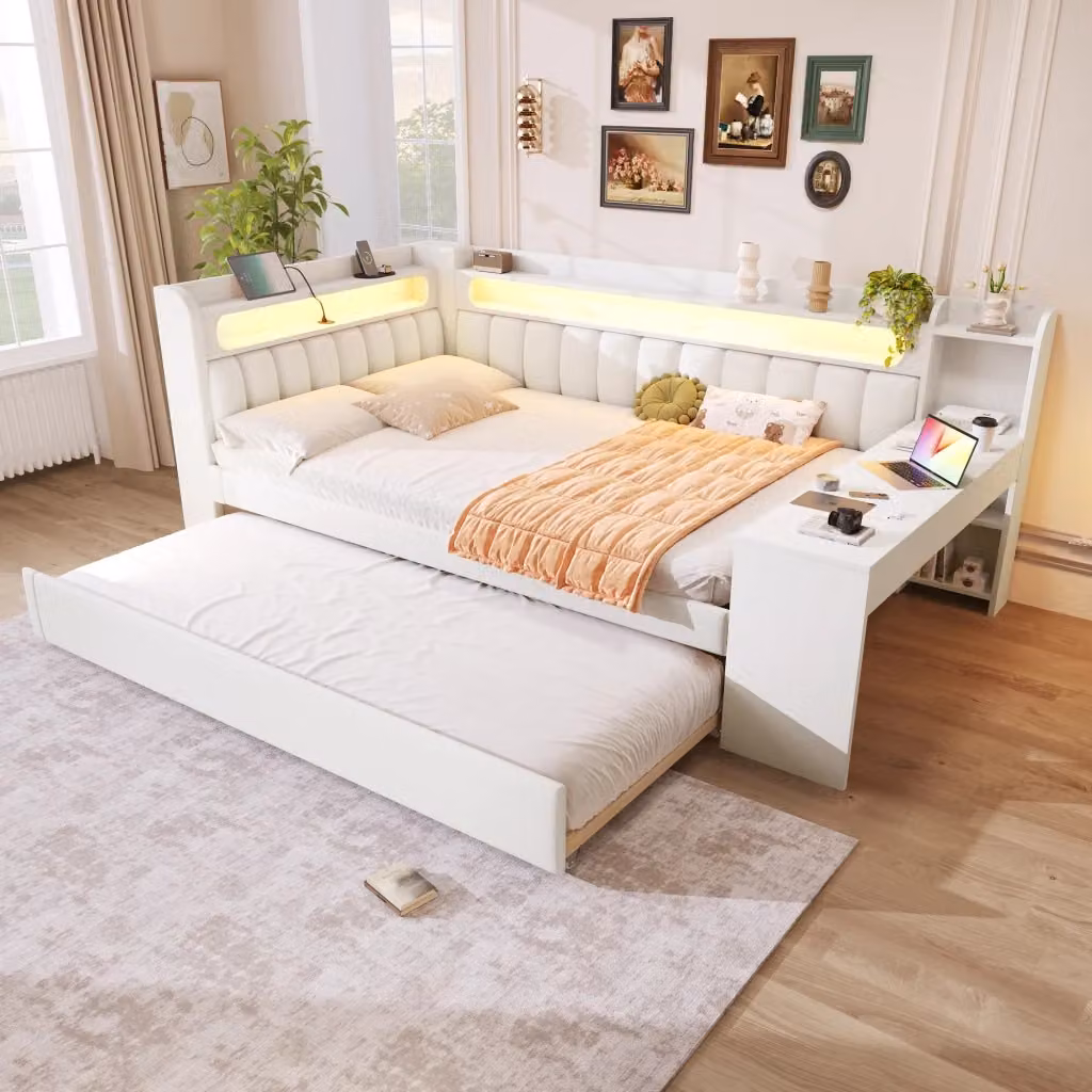 Letto a Divanetto Singolo con Scrivania, Luci LED e Porte USB, Bianco, L/P: 140 x 200 cm – 2