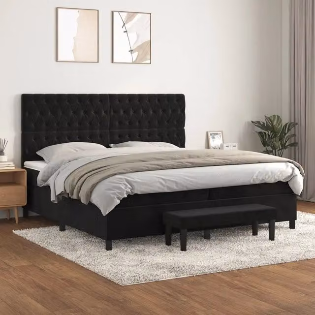 Letto Ibrido vidaXL con Giroletto a Molle e Materasso in Velluto Nero e Bianco L/P/H: 200 x 200 x 128 cm