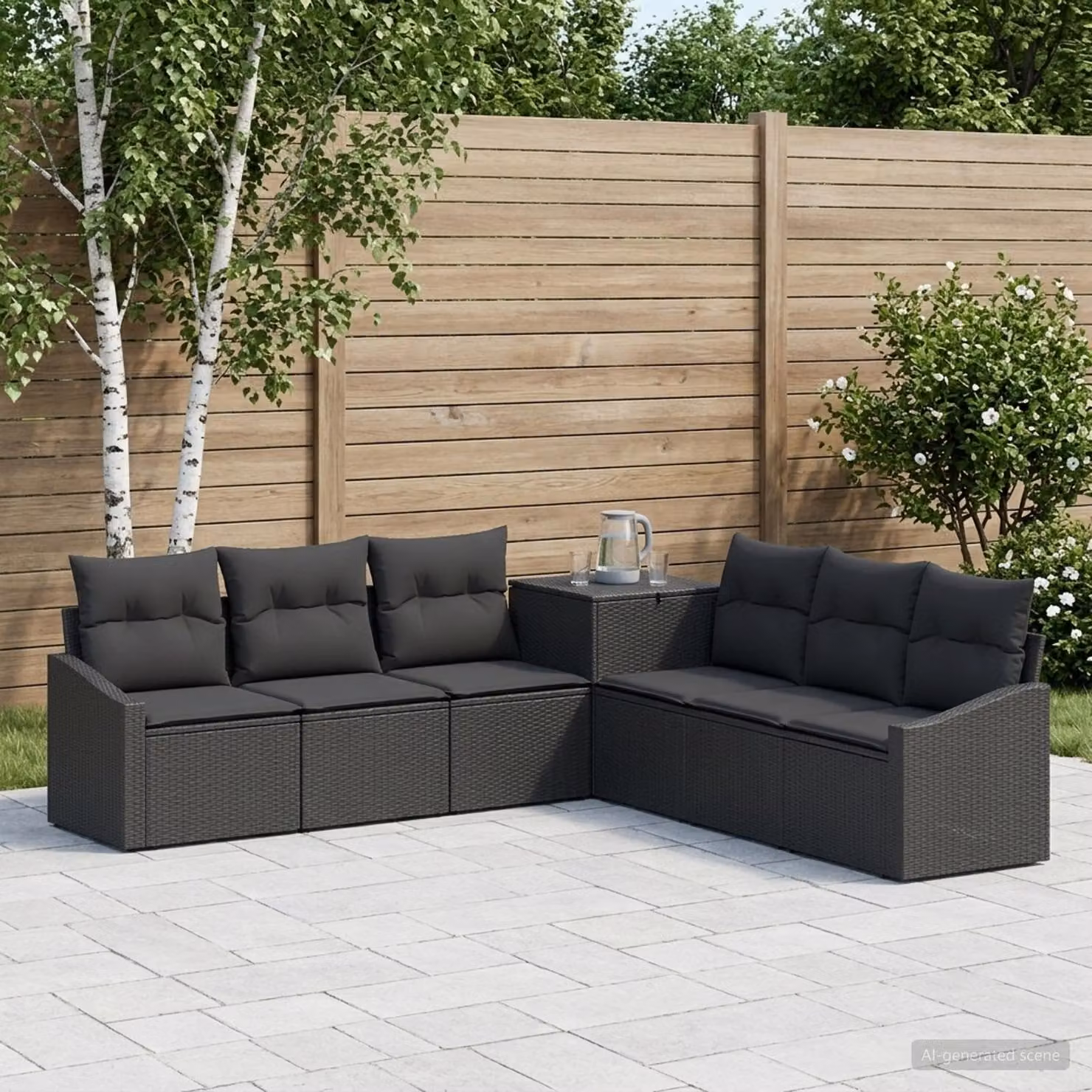 Set di divani da giardino vidaXL 7 pezzi in polyrattan e acciaio nero con cuscini inclusi