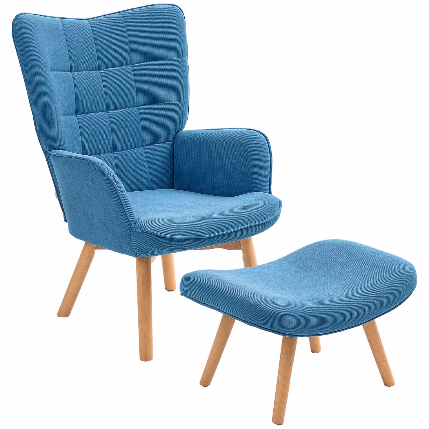 Poltrona HOMCOM con poggiapiedi, poltrona a orecchie con schienale alto, gambe in legno, velluto a coste blu