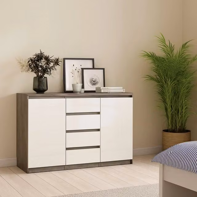 Credenza Angelika DMORA, Buffet e Madia da Soggiorno o Cucina, Bianco e Grigio Lucido, L: 121 cm, P: 50 cm, H: 91 cm – 1