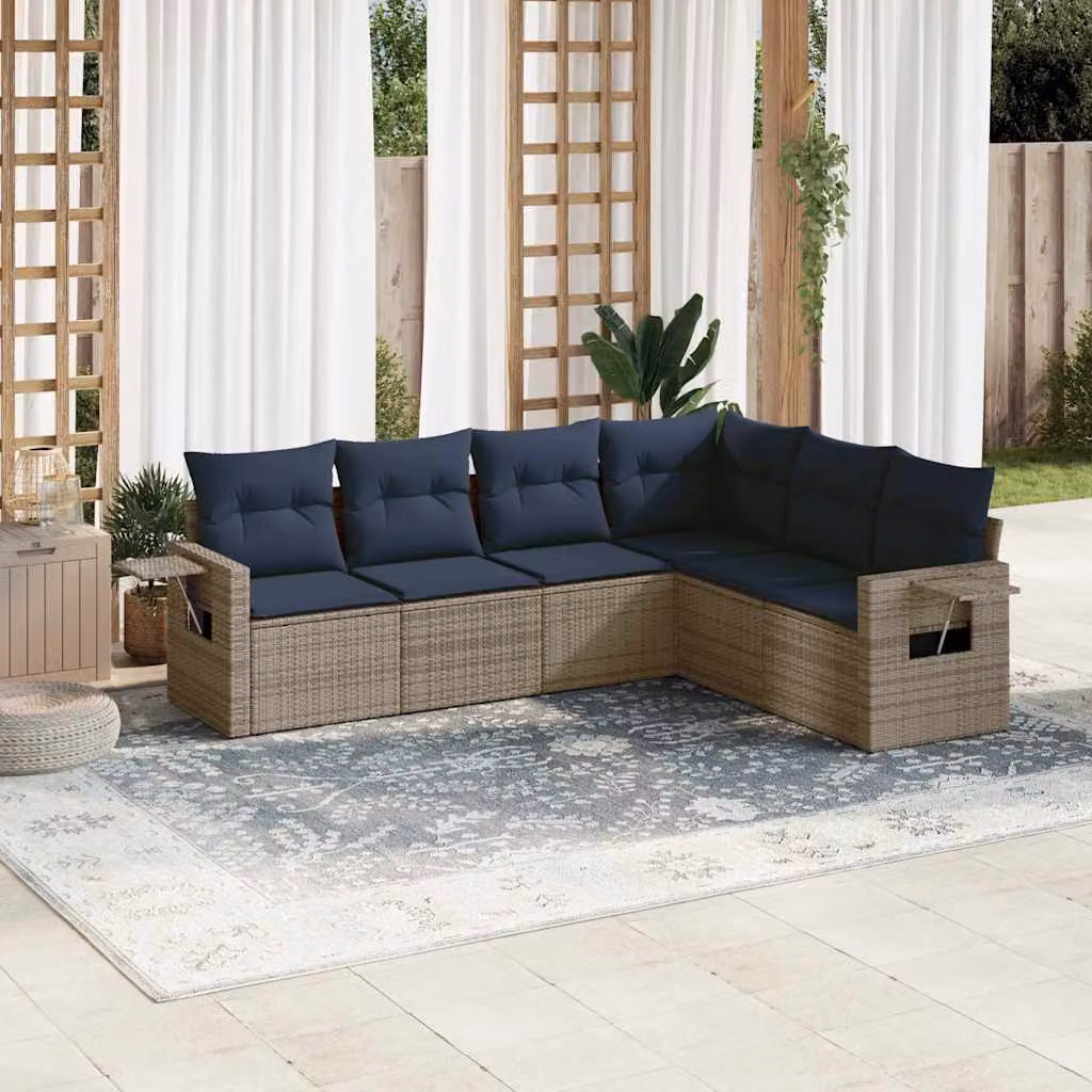 Set di divani da giardino vidaXL in 6 pezzi con cuscini grigi in polyrattan e struttura in metallo con design moderno a forma di L