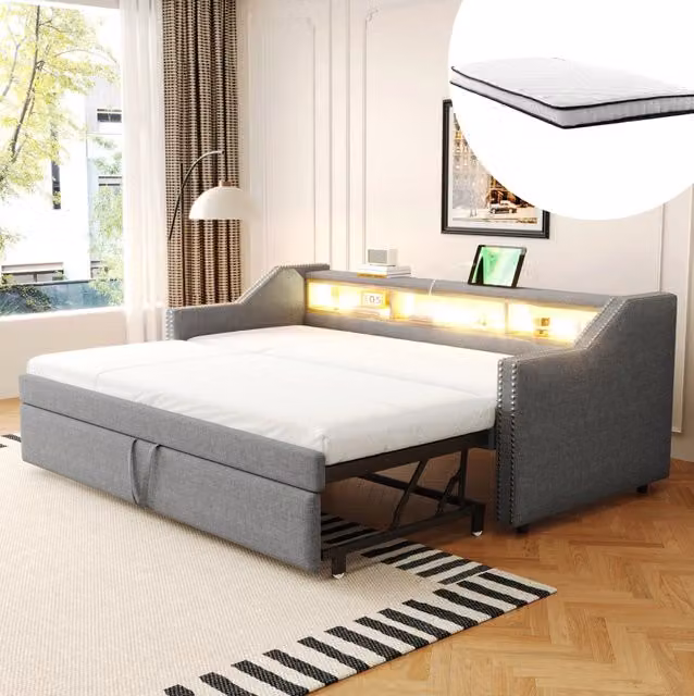 Divano letto estraibile 90/180x190 cm grigio chiaro con USB