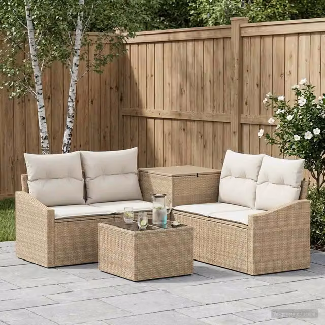Set di divani da giardino a forma di U vidaXL in polyrattan beige e bianco con tavolino da caffè e pouf coordinato – 1