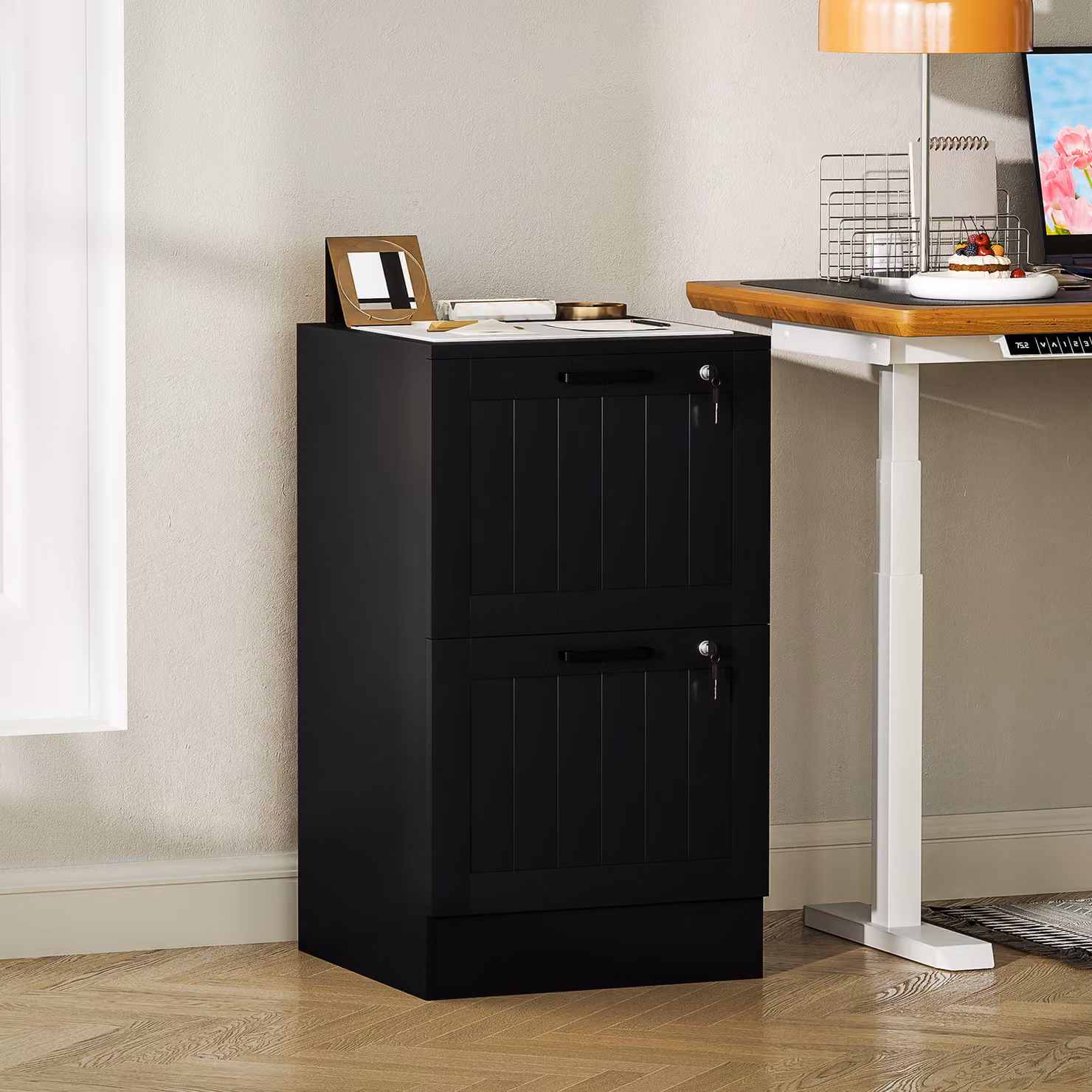 Mobiletto da ufficio HOMCOM in legno nero con 2 cassetti con serratura e barre di sospensione regolabili, L 40 x P 40 x H 71 cm – 2