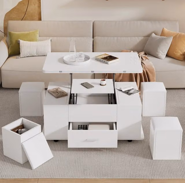 Tavolino da caff¨¨ ULEVR 100x50 cm trasformabile con piano sollevabile, 4 sgabelli contenitore e cassetto bianco