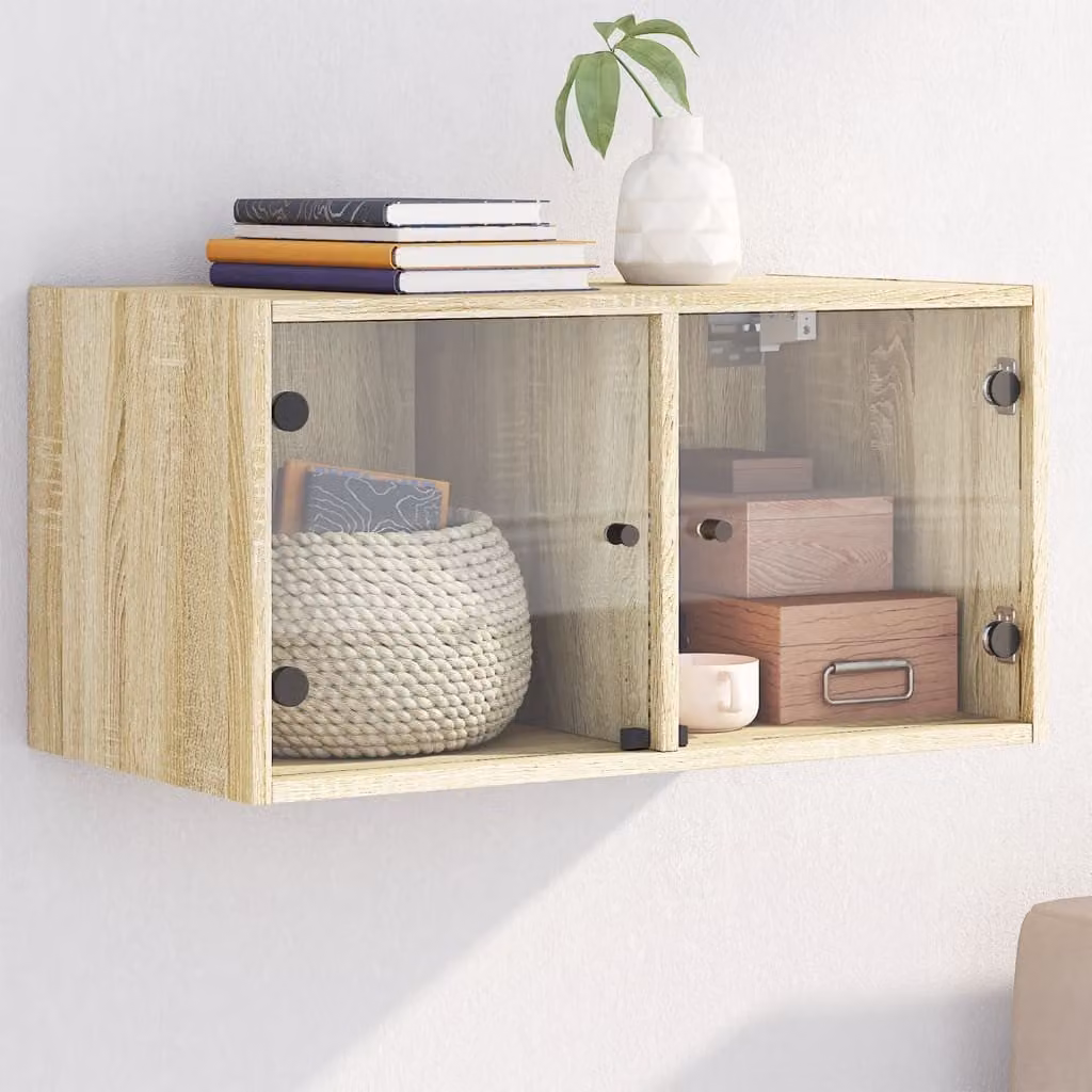 Mobile a muro vidaXL con ante in vetro, Rovere Sonoma, L: 68,5 cm, P: 35 cm, H: 37 cm