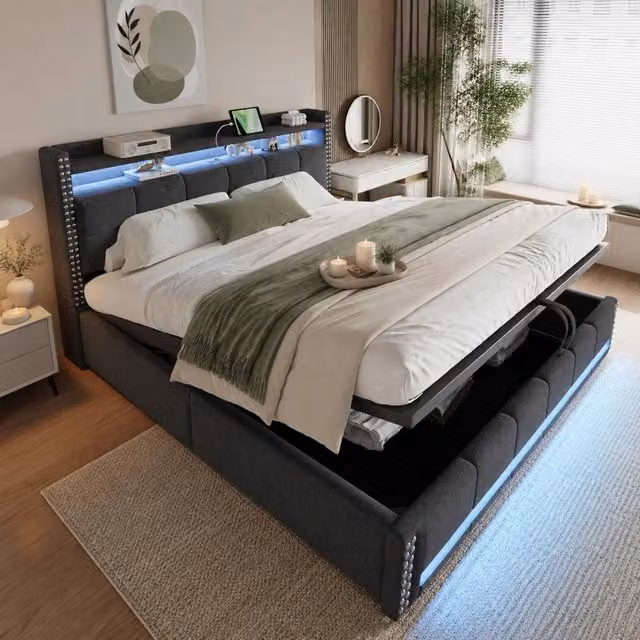 Letto matrimoniale MODFU imbottito grigio in tessuto con contenitore, illuminazione LED, porta USB e mensola integrata, L/P: 180 x 200 cm