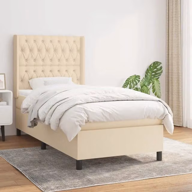 Letto Ibrido vidaXL con Giroletto a Molle e Materasso in Tessuto Beige e Bianco L/P: 100 x 200 cm