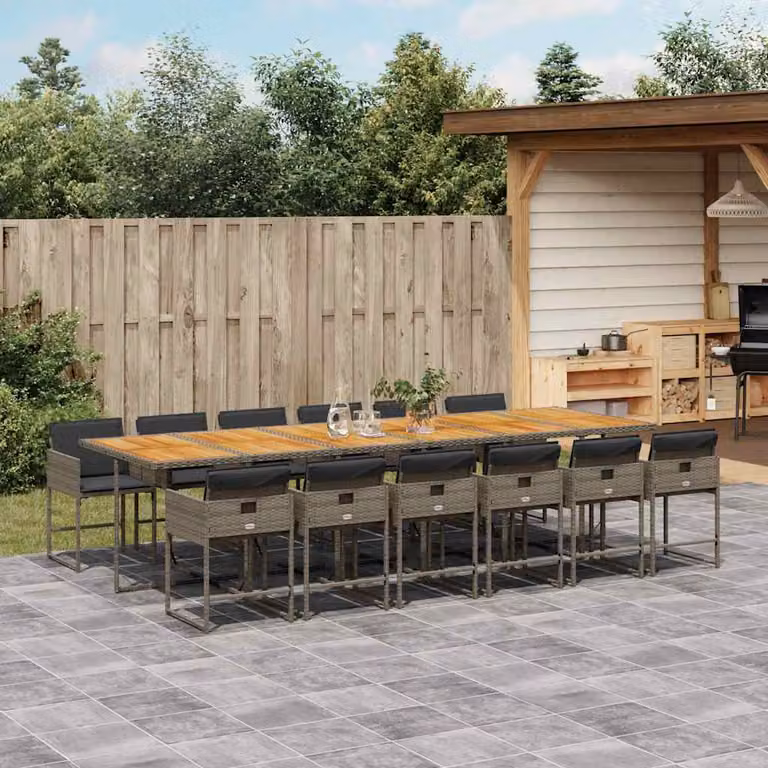 Set da pranzo da giardino vidaXL in polyrattan con cuscini e tavolo in legno di acacia, 13 pezzi, grigio e marrone