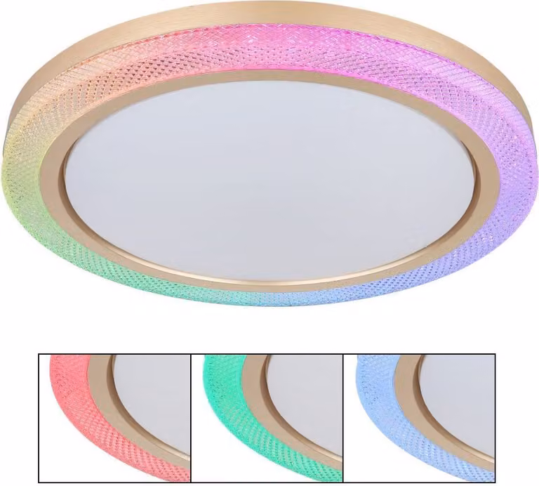 Globo Lighting plafoniera metallo bianco, cristalli di plastica trasparenti, plastica color oro, plastica opale, dimmerabile, diversi livelli tramite interruttore a parete, colori fissi, cambiacolori RGB, colori RGB fissi, effetto arcobaleno RGB, funzione