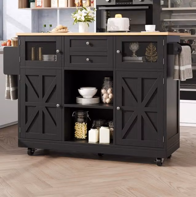 Isola da cucina con piano lavoro in MDF legno, carrello con ruote, ripiani regolabili e portasalviette nero