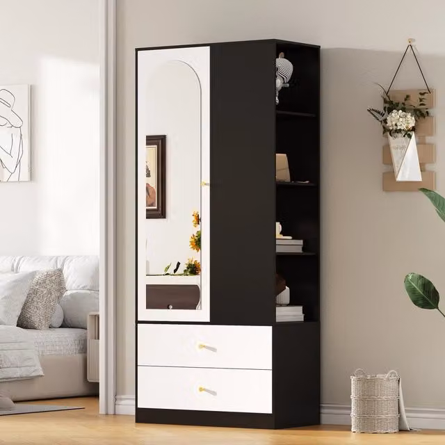 Armadio moderno WISHDOR con specchio, 1 anta, cassetti e ripiani, Bianco/Nero, L: 80 cm, P: 40 cm, H: 180 cm