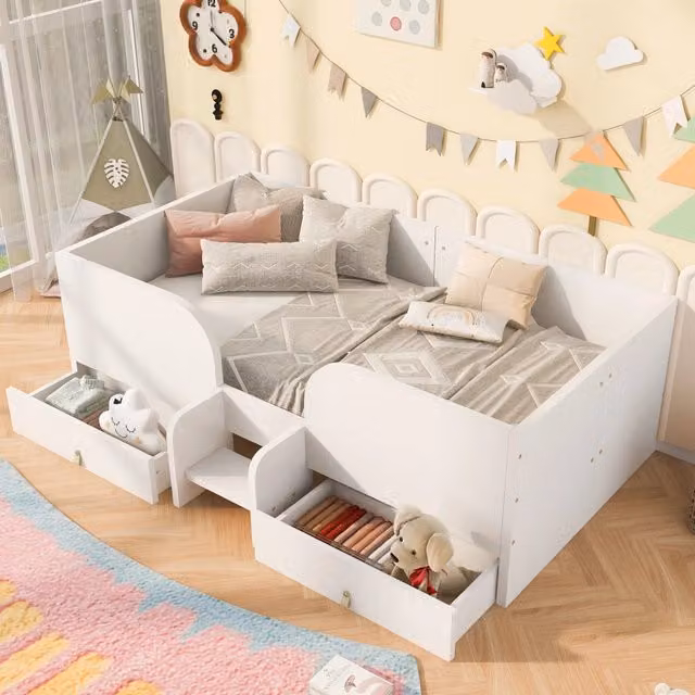 Letto per bambini 90x200 cm con 2 cassetti e scaletta di sicurezza; MDF e compensato bianco