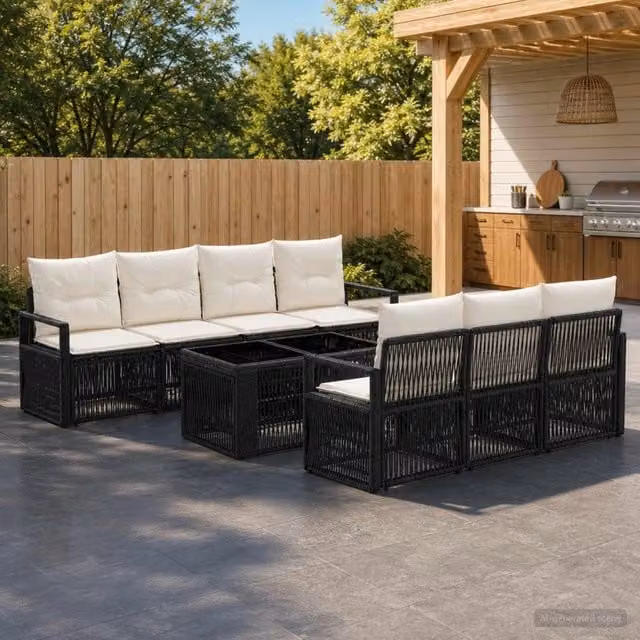 Set Divano da Giardino a L con Polyrattan vidaXL, 8 Pezzi, Nero e Bianco Crema, con Tavolino e Cuscini