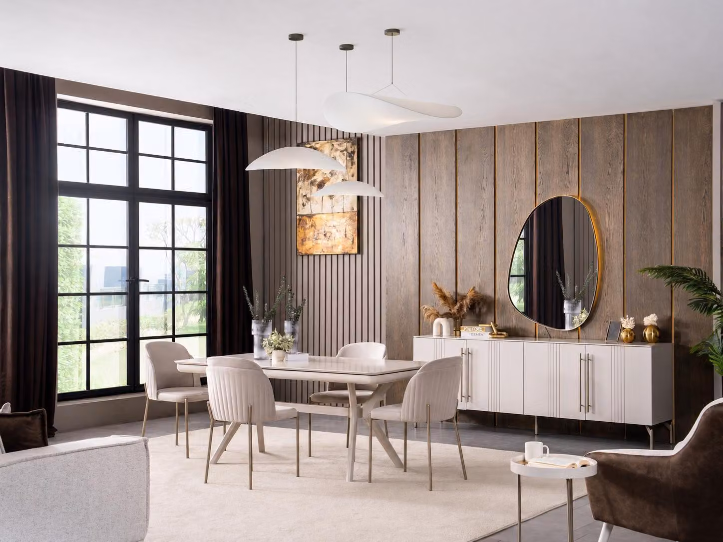 Set per sala da pranzo: tavolo, 4 sedie, credenza, specchio. Stile moderno, colori chiari, design elegante