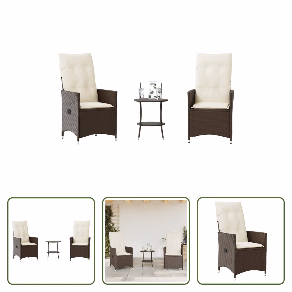 The Living Store Set bistrot 3 pezzi con cuscini in poly rattan marrone