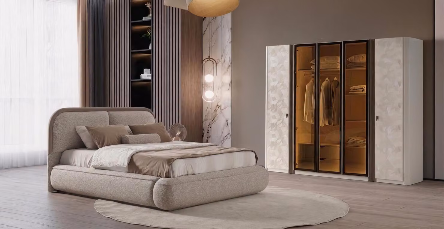 Set per camera da letto: letto, armadio, design moderno, beige, lusso, elegante, raffinato