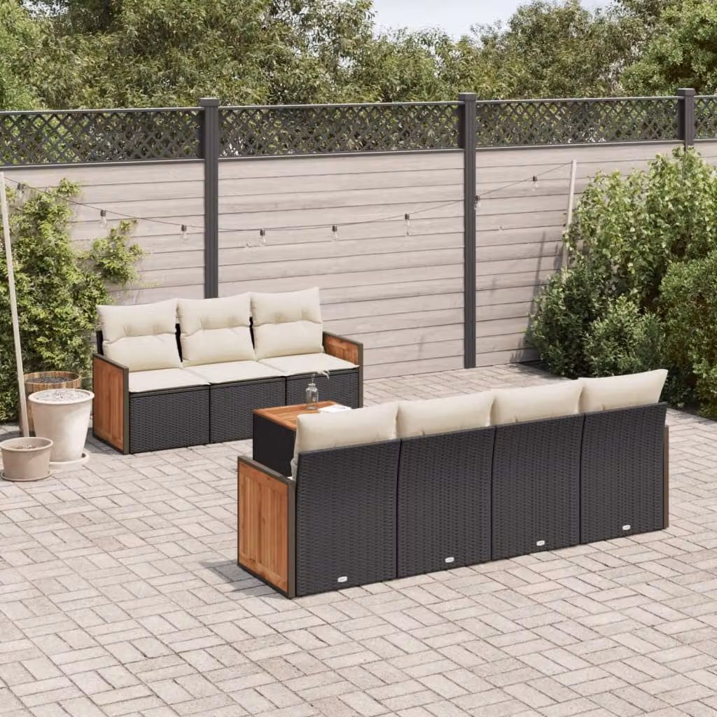 Set di divani da giardino vidaXL in polyrattan nero con 8 pezzi, include divano a 3 posti, poltrone lounge, tavolino da caffè e cuscini con rivestimenti rimovibili – 1