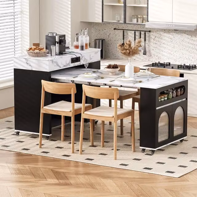Isola da Cucina Allungabile ¨C Minimal ¨C Nero, Legno e Vetro Temperato, con Ruote e Cassetto