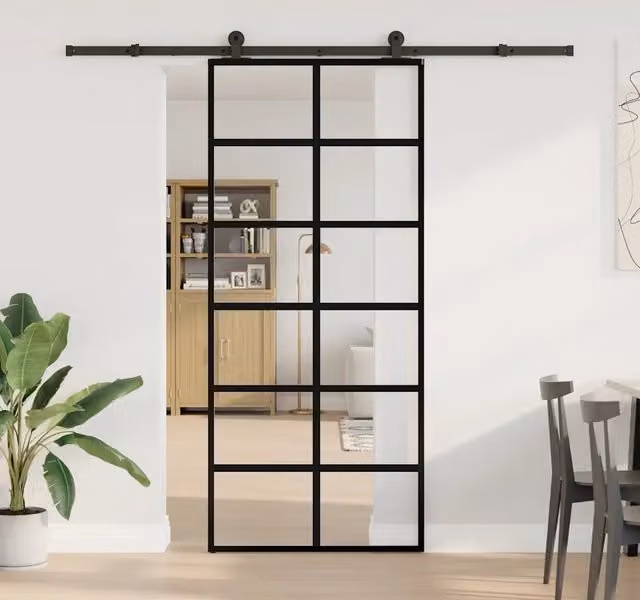 Porta Scorrevole Moderna vidaXL in Vetro Trasparente e Alluminio Nero L: 90 cm, H: 205 cm
