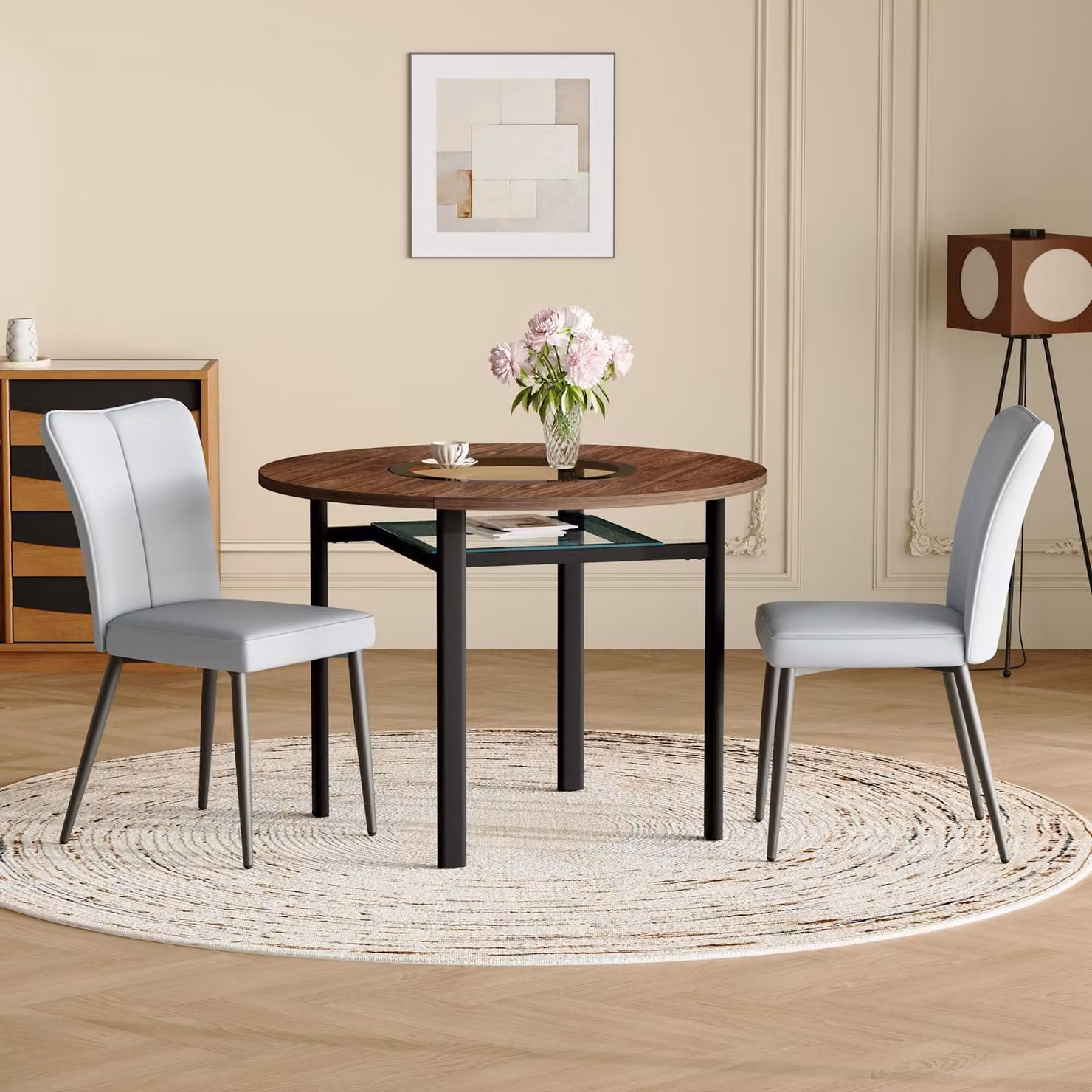 STILVORA Tavolo da pranzo rotondo da 100 cm con 2 sedie – piano con inserto in vetro, ripiano in vetro e finitura effetto legno, tavolo da cucina e da pranzo in stile moderno
