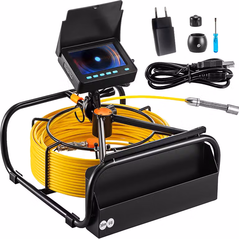 Telecamera per fognature SucceBuy, 98 ft/30 m, telecamera per ispezioni fognarie da 4,3 pollici con illuminazione - 6 LED regolabili, scheda da 16 GB, zoom 3x, batteria da 8500 mAh, impermeabile IP68 per tubature fognarie