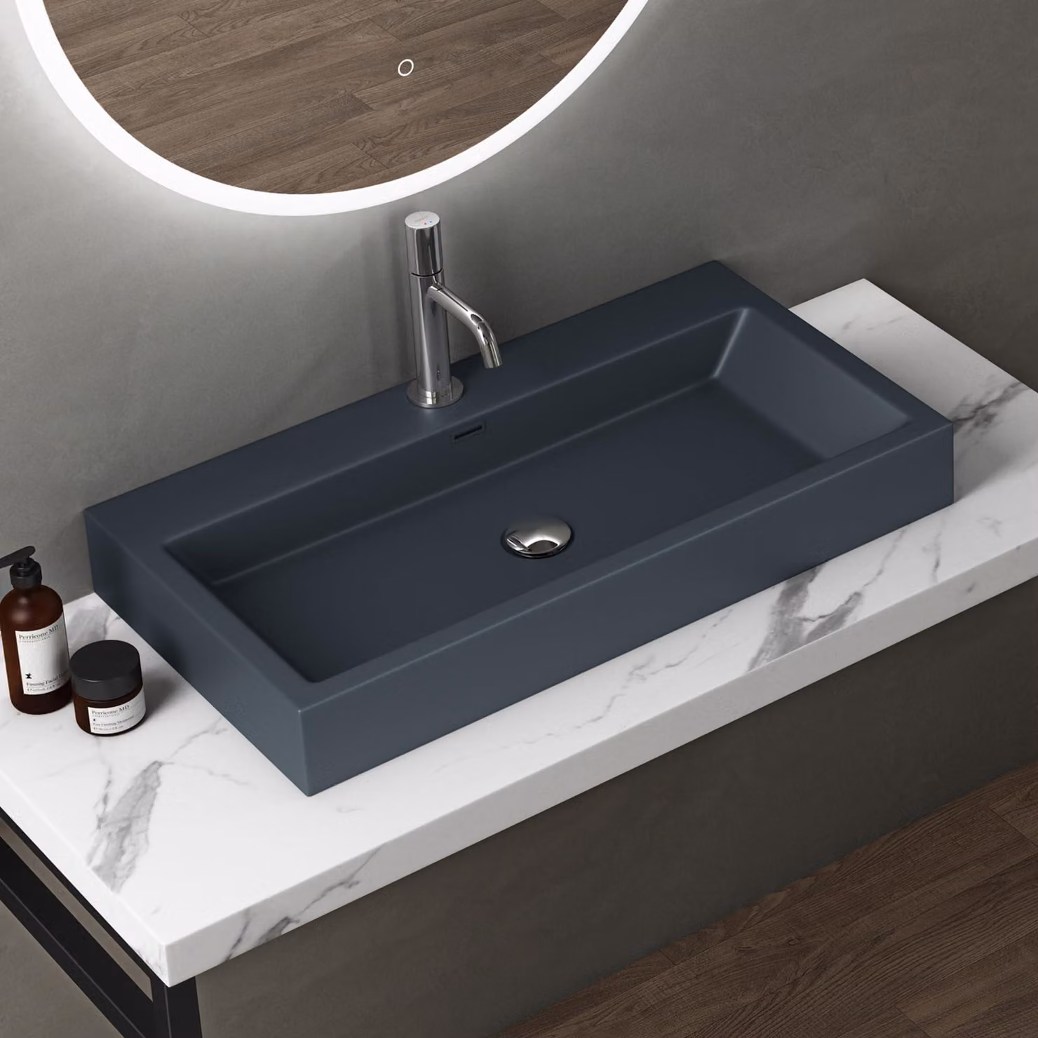 doporro Lavabo da Appoggio Rettangolare, Lavabo Bagno Sospeso con Foro Rubinetto e Troppopieno, Lavandino in Marmo Resina Antracite Opaco 76.5x42x10cm, Colossum06