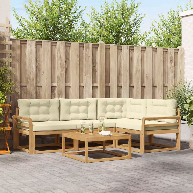 Set di divani da esterno vidaXL a forma di L con tavolo da caffè, in legno di acacia e tessuto bianco e beige