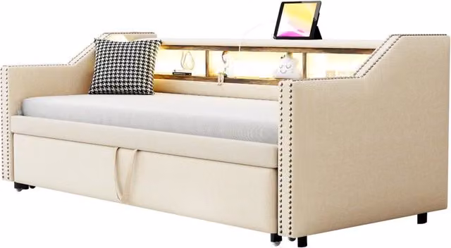 Divano letto estensibile 90/180x190 cm in lino beige con LED， USB e contenitore， senza materasso