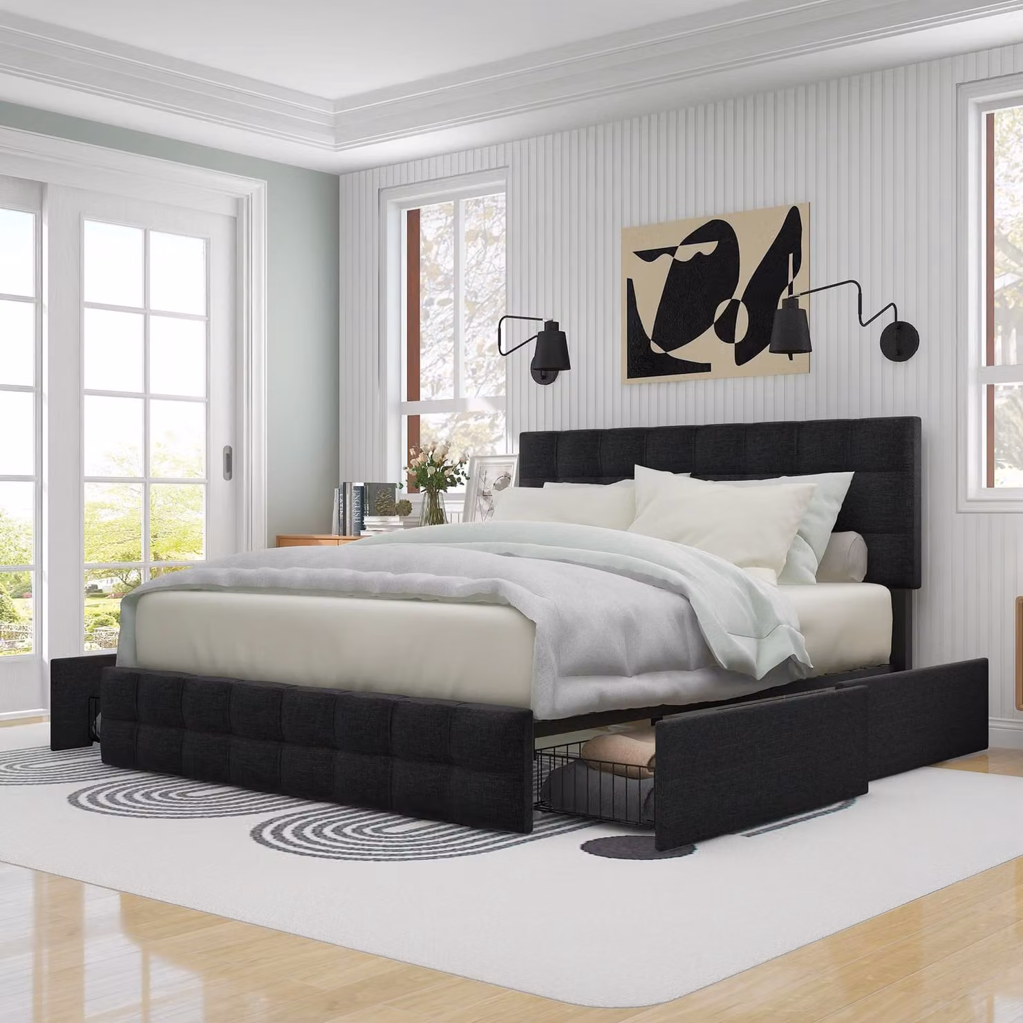 Letto imbottito Flieks 140x200cm letto matrimoniale con cassetti e rete a doghe, letto contenitore letto funzionale letto in legno letto matrimoniale letto per ragazzi, materiale lino, nero