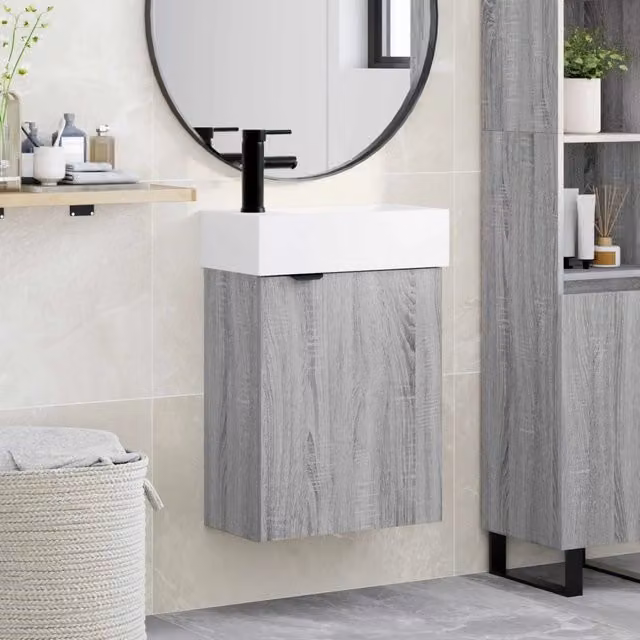 Mobile bagno moderno vidaXL Sonoma grigio con lavabo in ceramica bianco, sospeso, L: 45,5 cm, P: 22,5 cm, H: 84 cm