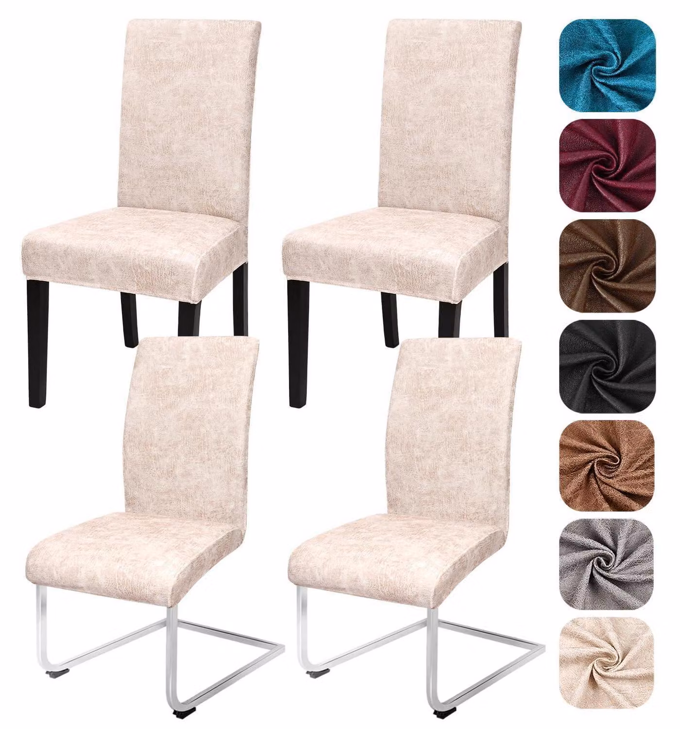 Copri-sedie in ecopelle effetto velluto, set da 4, elasticizzati, removibili, color beige, adatti per sedie da pranzo con schienale indipendente