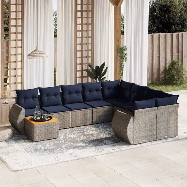Set Divani da Giardino 10 pz con Cuscini Grigio in Polyrattan 3225172